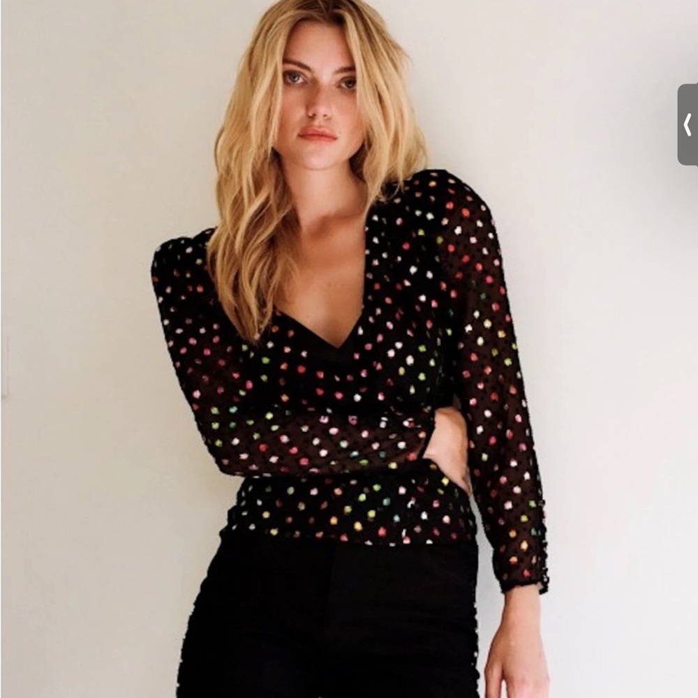 The Kooples Black Sheer V-Neck Puff Sleeve Top with Multicolor Dots